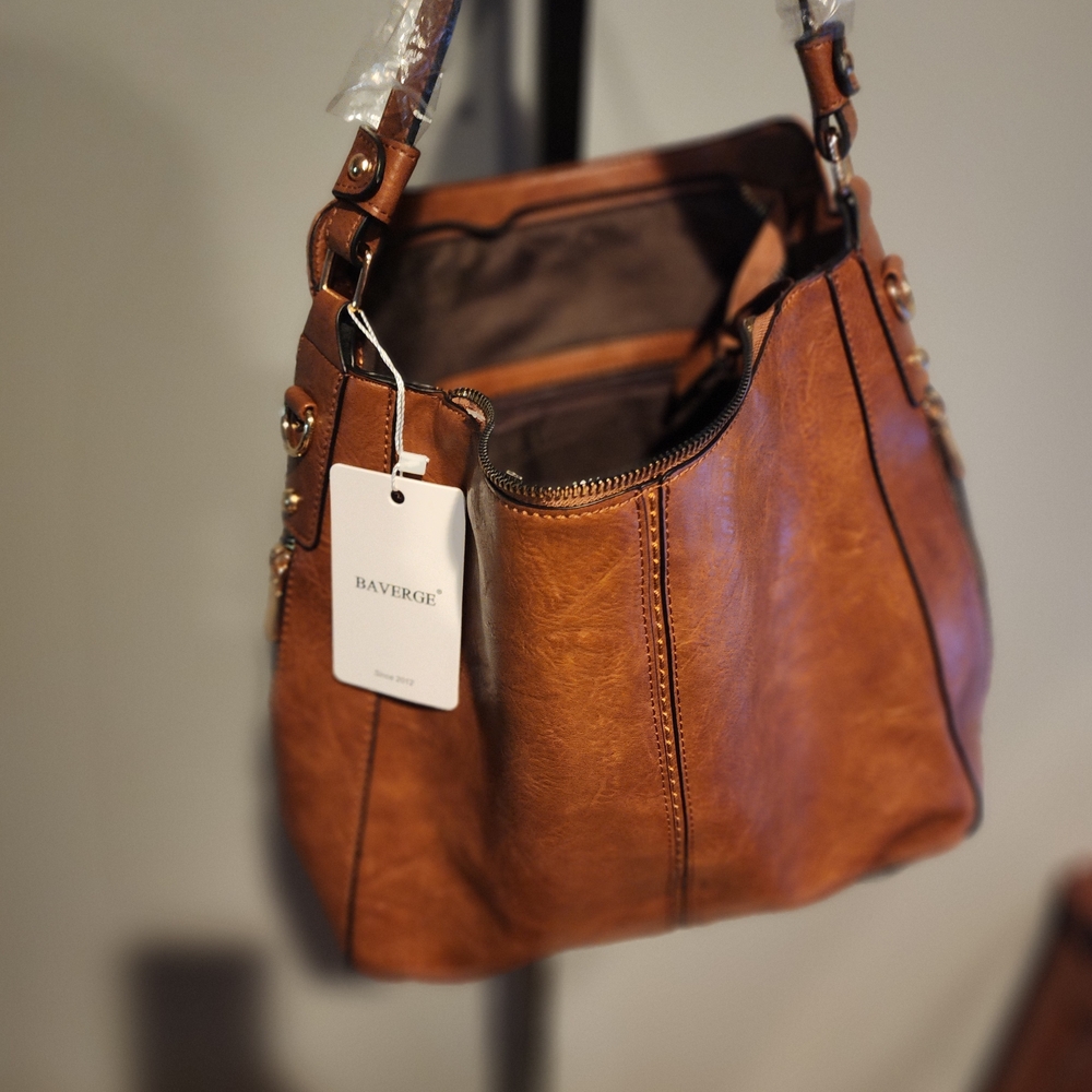 Baverge Cognac Brown Vegan Leather Hobo Bag & Wallet Set with Crossbody Straps
